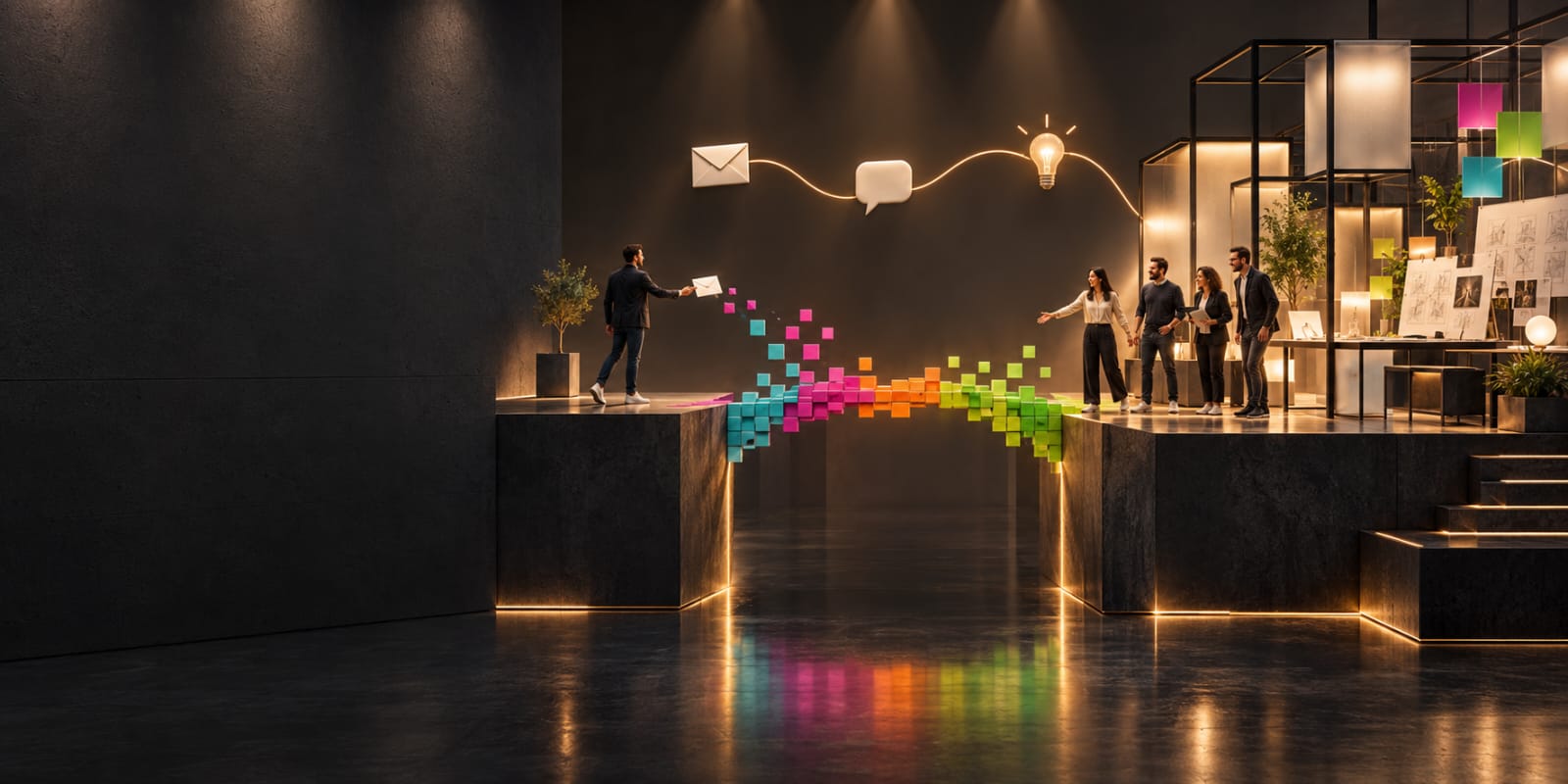 A colorful pixel bridge connecting people, ideas, and digital services