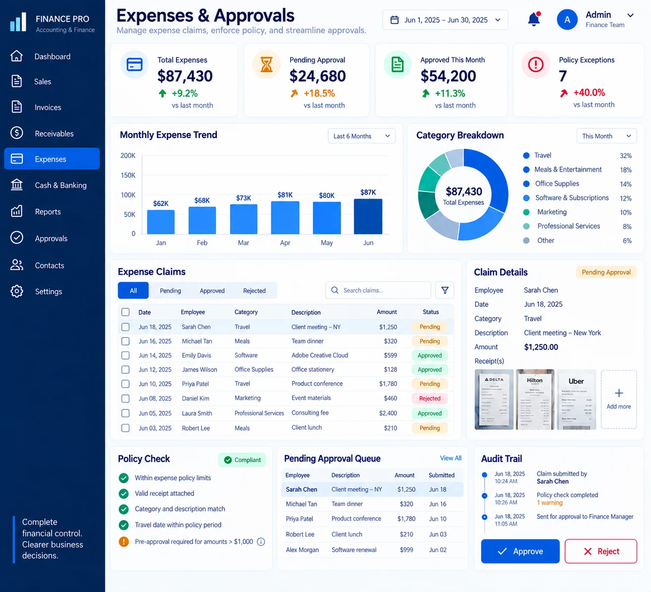 Expenses and approvals workspace with claims, receipts, policy checks, approval queue, and audit trail