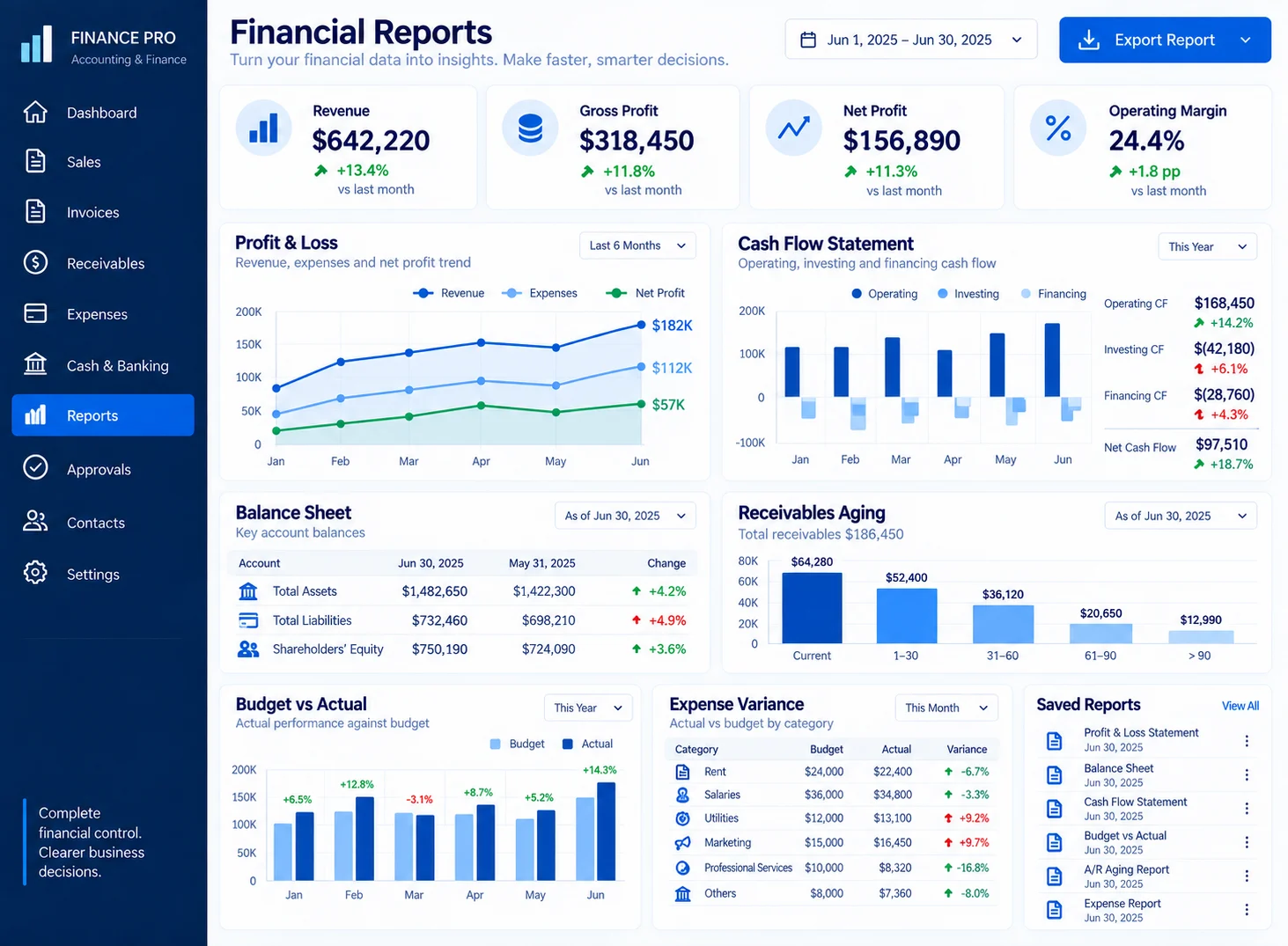Financial reporting dashboard with profit and loss, cash flow, balance sheet, aging, and budget analysis