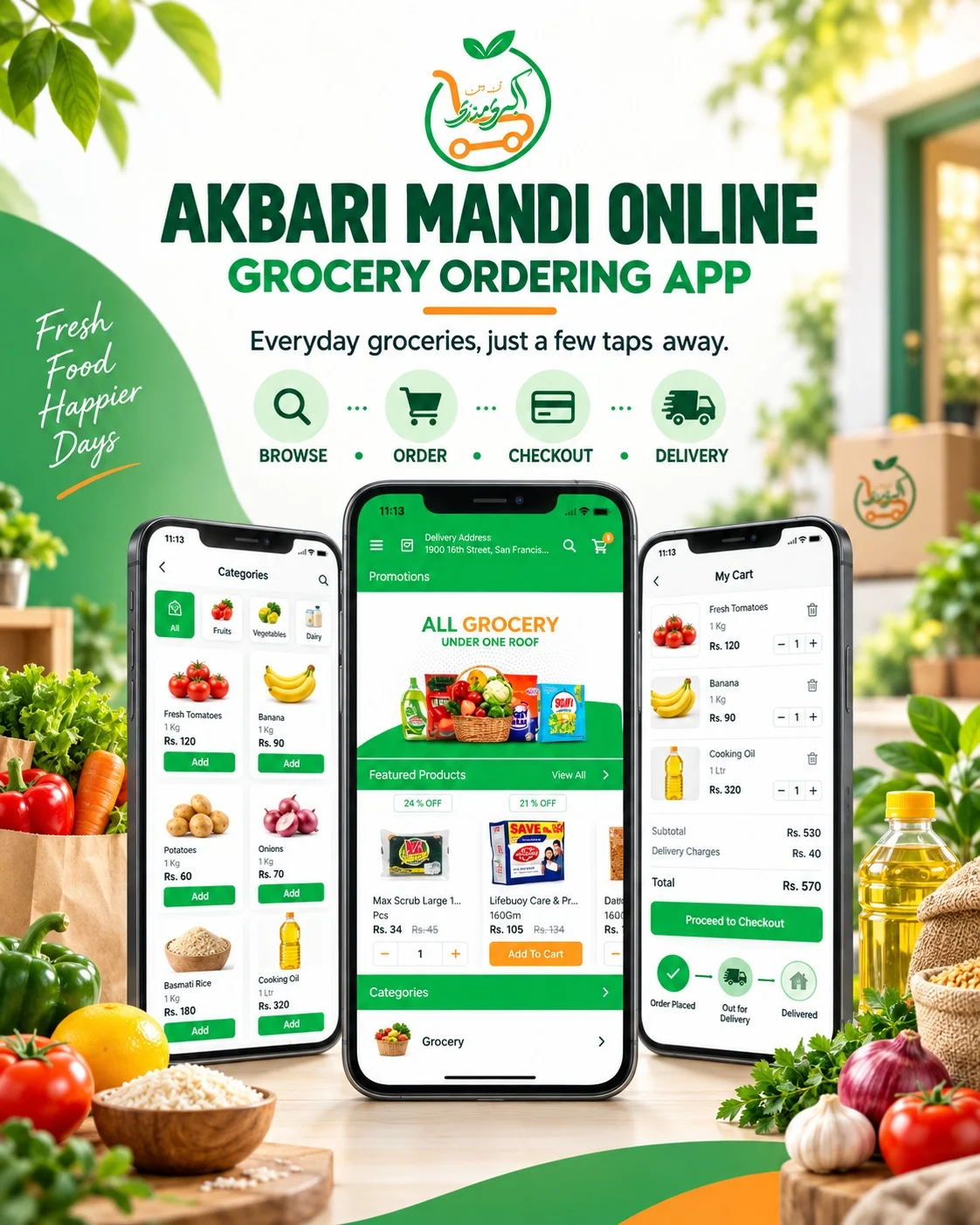 Akbari Mandi Online grocery ordering application with product browsing, cart, checkout, and delivery
