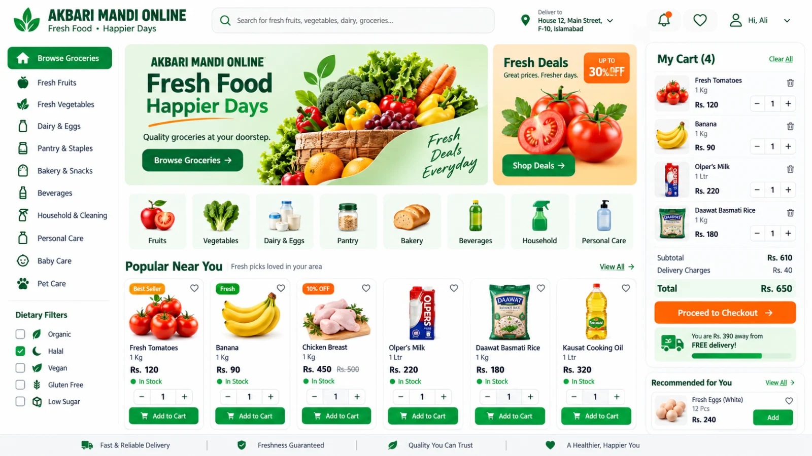 Akbari Mandi product discovery experience with search, fresh categories, featured essentials, availability, pricing, offers, ratings, and delivery details