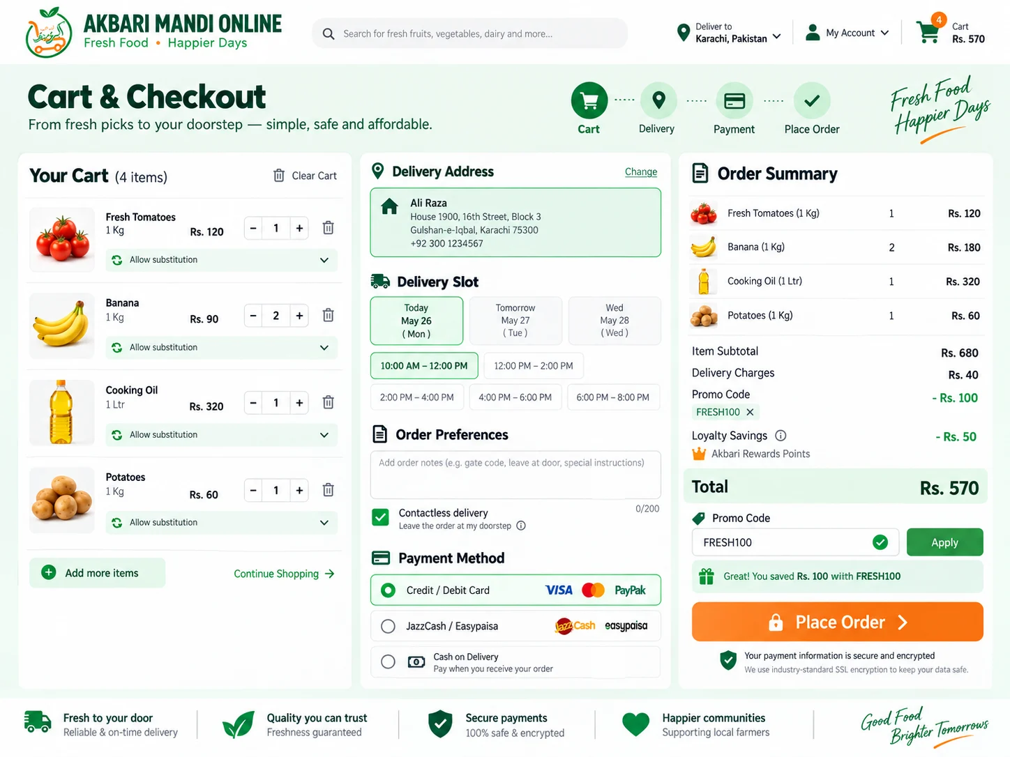Grocery cart and checkout workspace with quantities, substitutions, promo codes, delivery slots, address, payment, and complete order summary