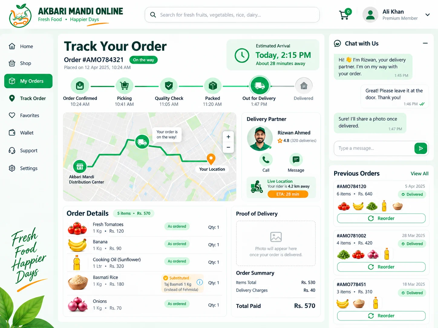 Live grocery order tracking with picking progress, quality checks, substitutions, rider location, delivery ETA, contact options, and order timeline