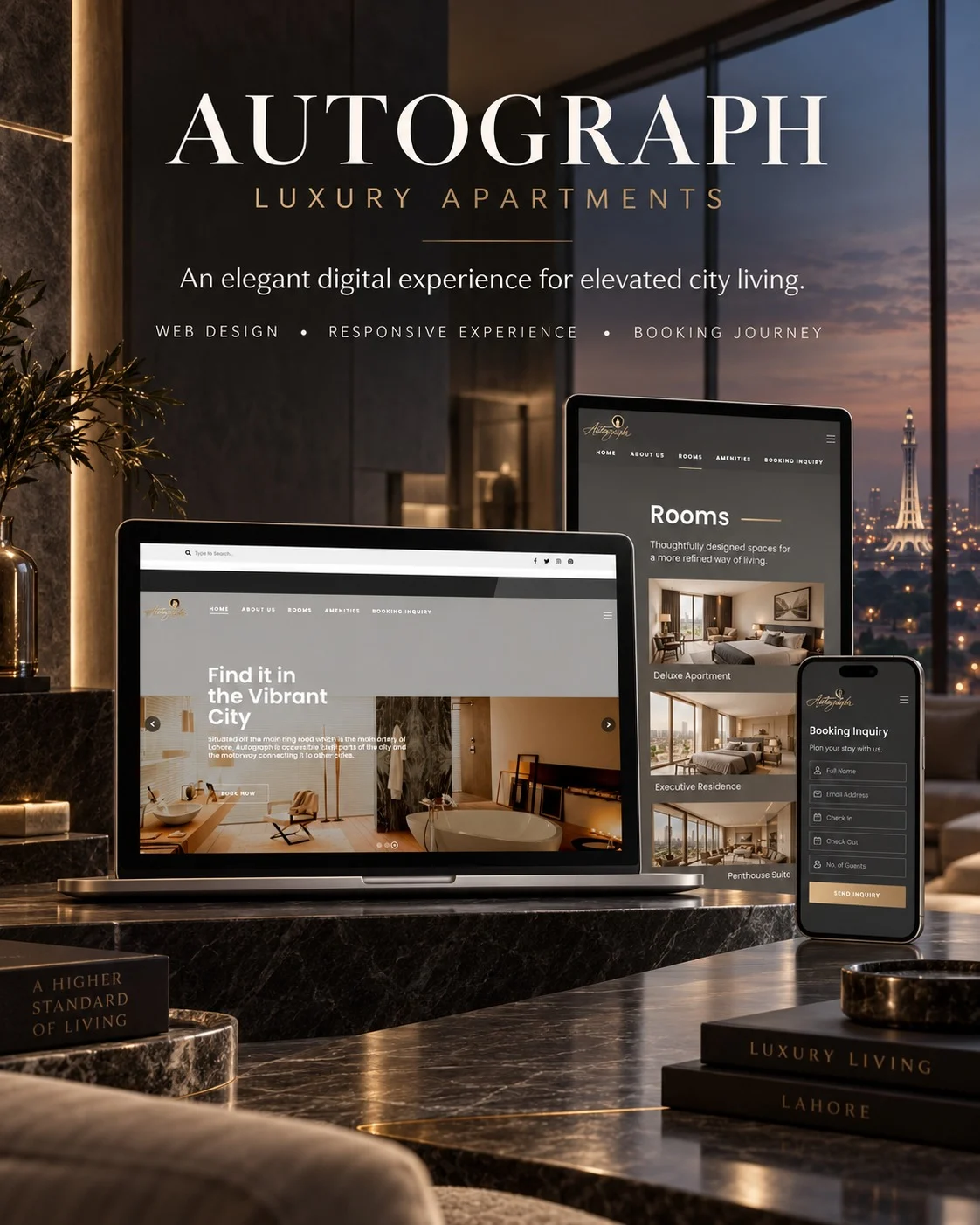 Autograph Luxury Apartments responsive property website showing residences, amenities, city views, and private viewing inquiries