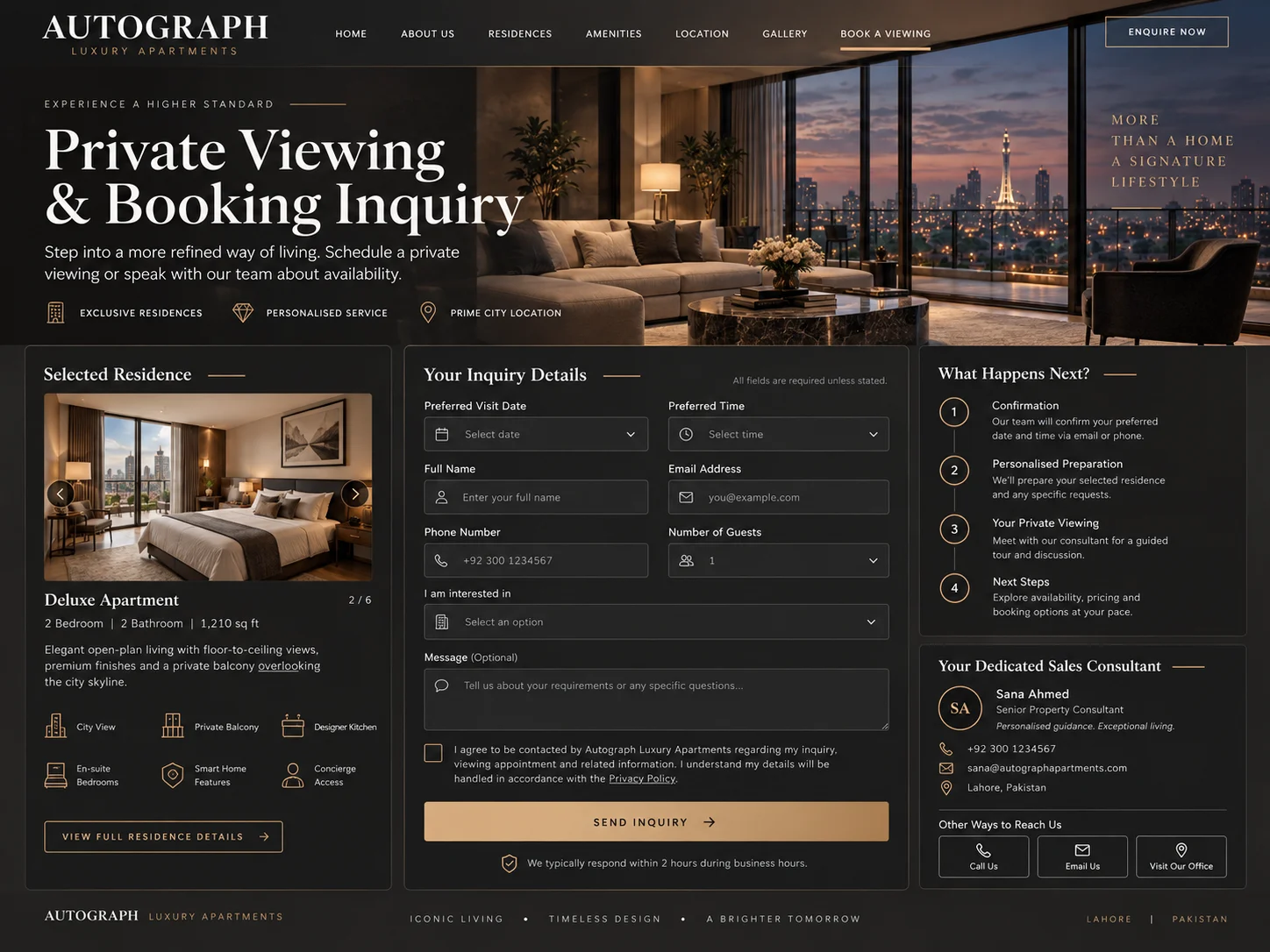 Private viewing and booking inquiry page with selected residence, preferred appointment, contact details, requirements, next steps, and sales consultant information