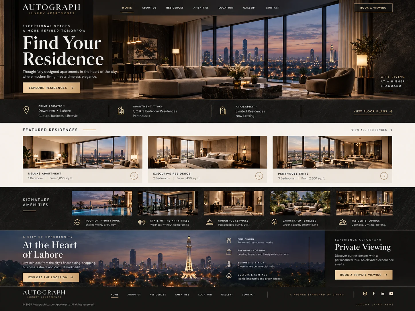 Autograph Luxury Apartments website overview with residence discovery, featured homes, amenities, location highlights, and private viewing call to action