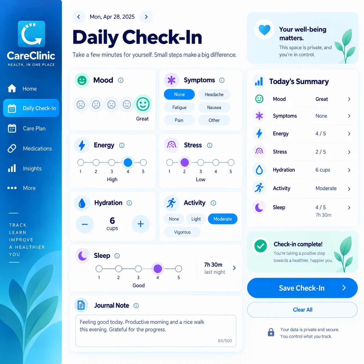 Daily wellness check-in for mood, symptoms, energy, stress, hydration, activity, sleep, and journal notes