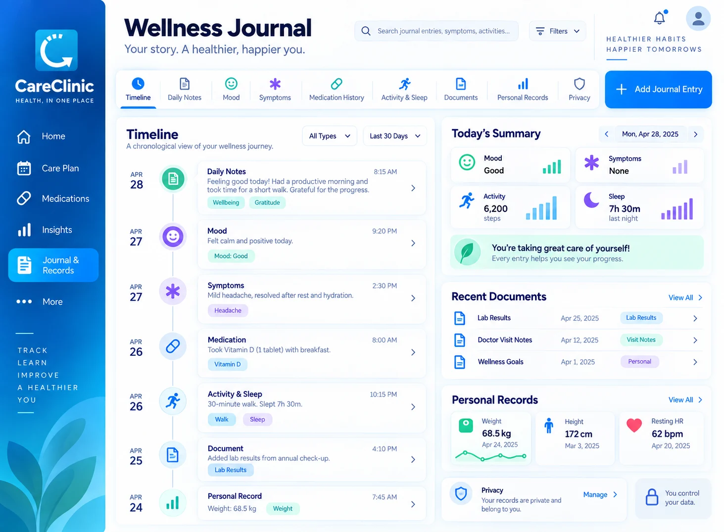Wellness journal with timeline, daily notes, personal records, documents, and privacy controls