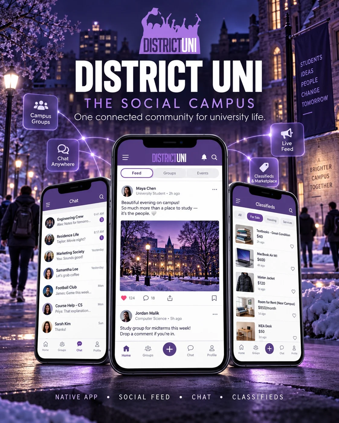 District UNI social campus mobile application connecting students through feeds, groups, chat, events, and classifieds