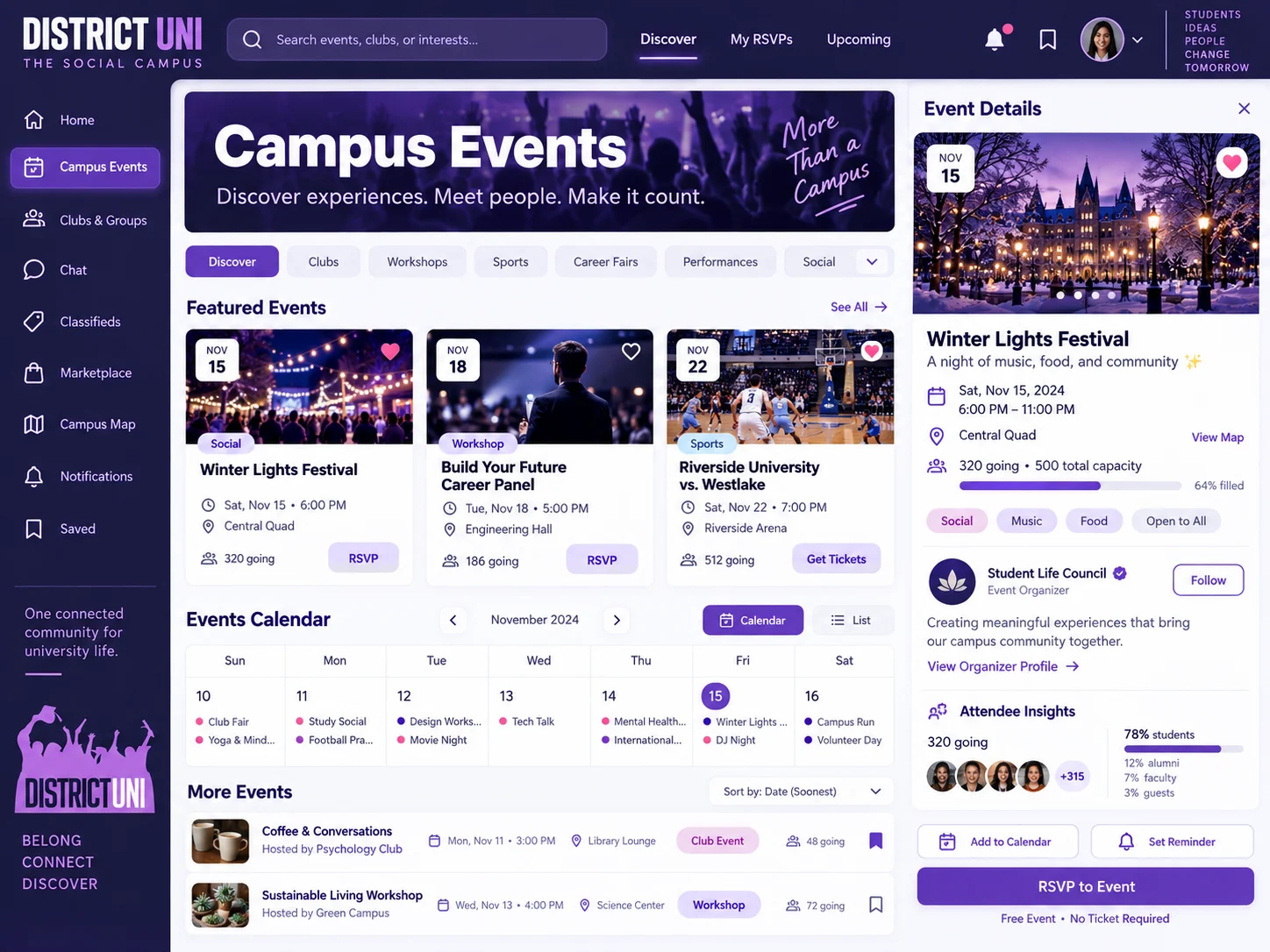 Campus events discovery experience with featured events, calendar, RSVPs, venue details, organizers, reminders, and attendee insights