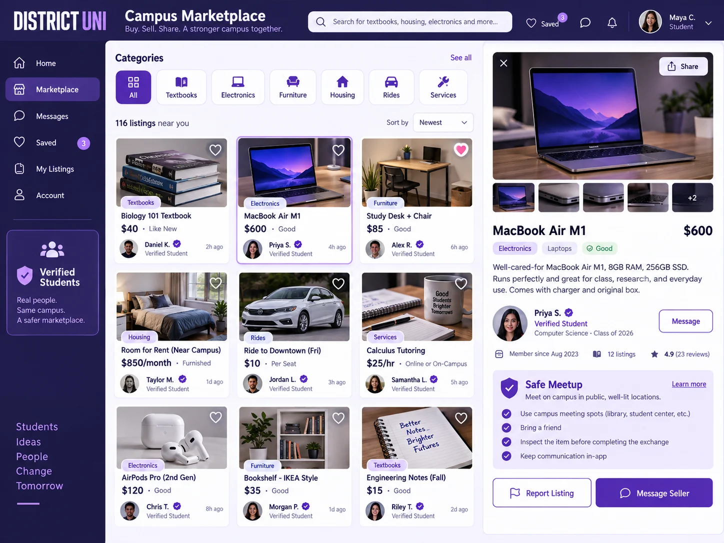 Verified student marketplace with textbooks, electronics, furniture, housing, rides, services, seller details, and safe meetup guidance