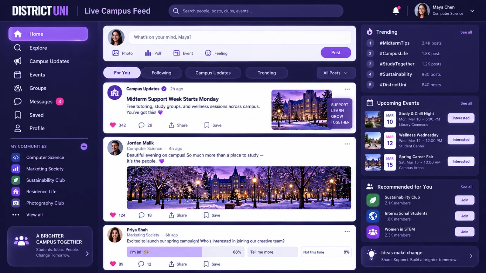 District UNI live campus feed with student posts, university updates, polls, events, communities, reactions, and trending topics