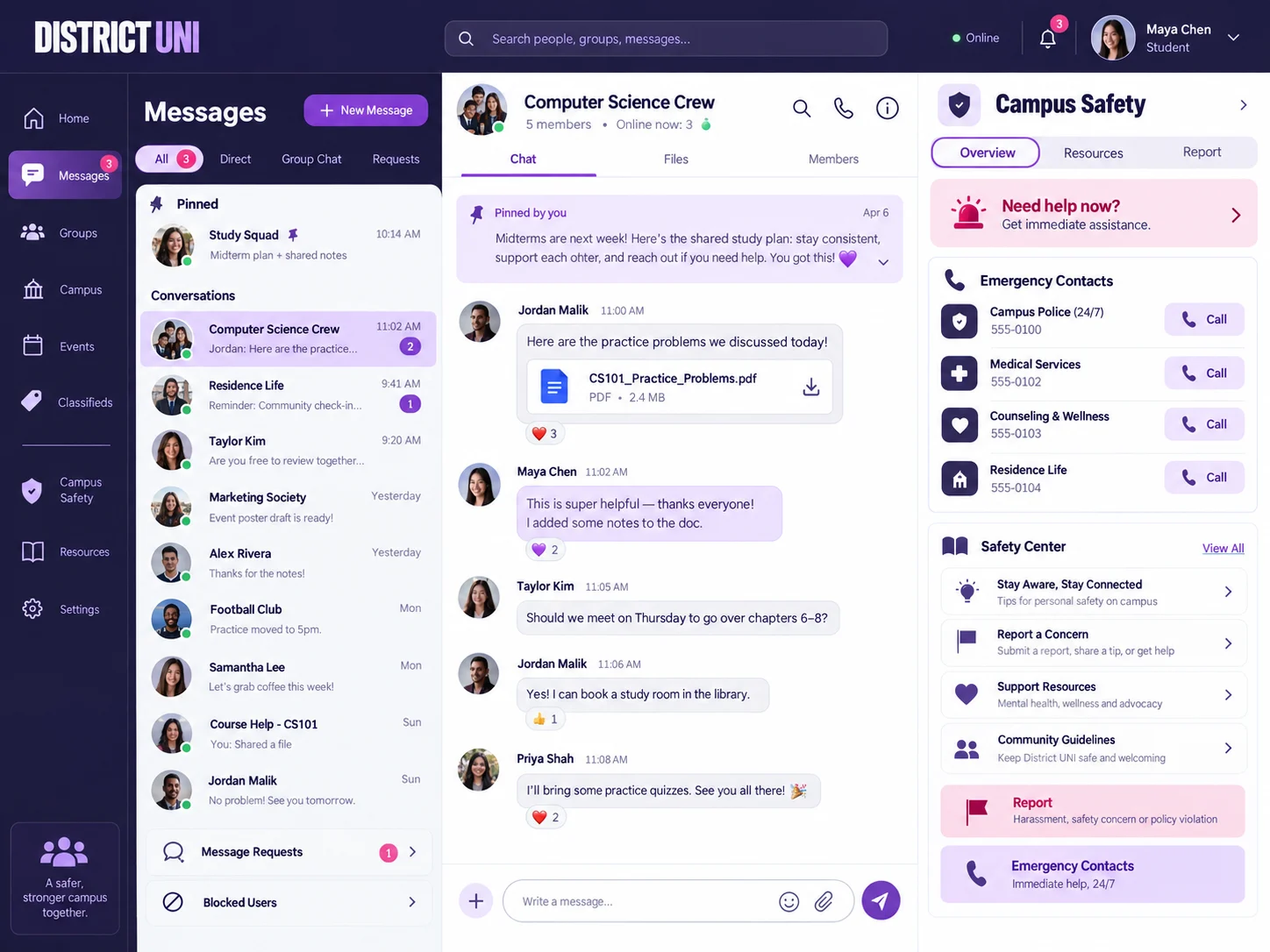 Messaging and campus safety workspace with direct and group conversations, shared study files, reporting tools, emergency contacts, and guidance