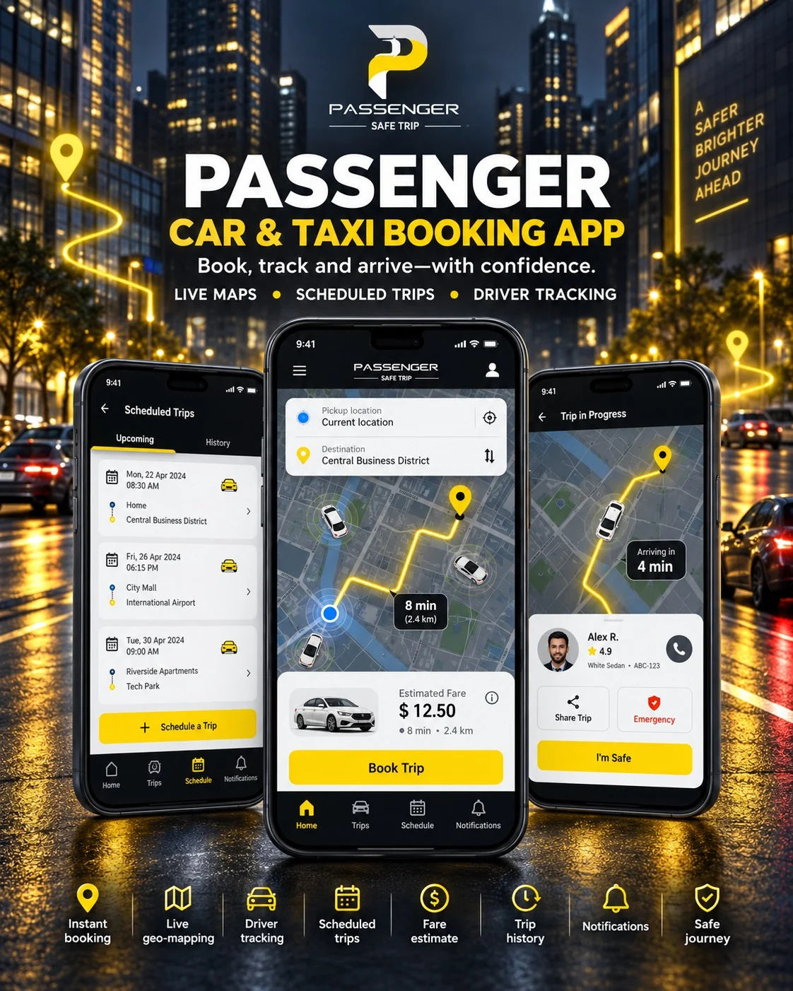 Passenger car and taxi booking application with live maps, scheduled trips, driver tracking, fare estimates, and safety tools