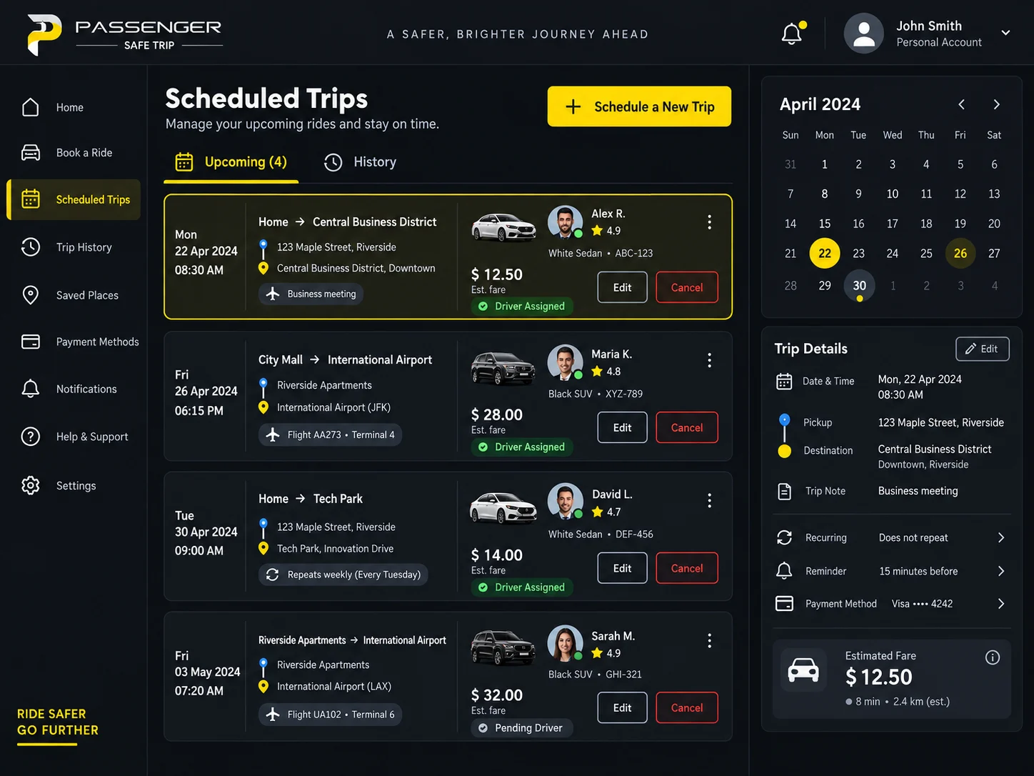 Scheduled trips workspace with upcoming rides, trip history, recurring bookings, airport notes, reminders, driver assignment, fares, and editing controls