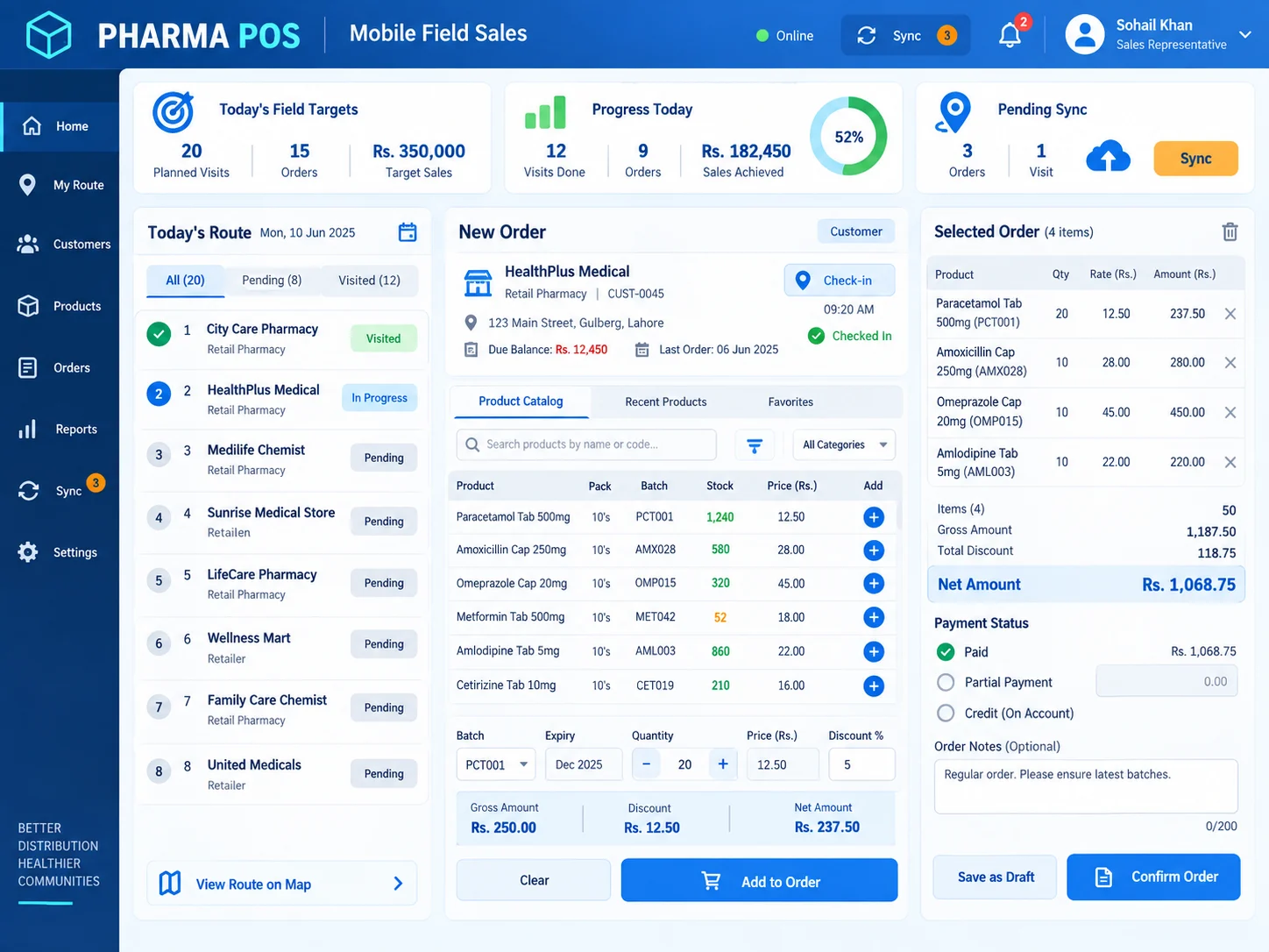 Mobile field sales workspace with representative targets, daily routes, retailer check-ins, product catalog, batch selection, pricing, payments, and order sync
