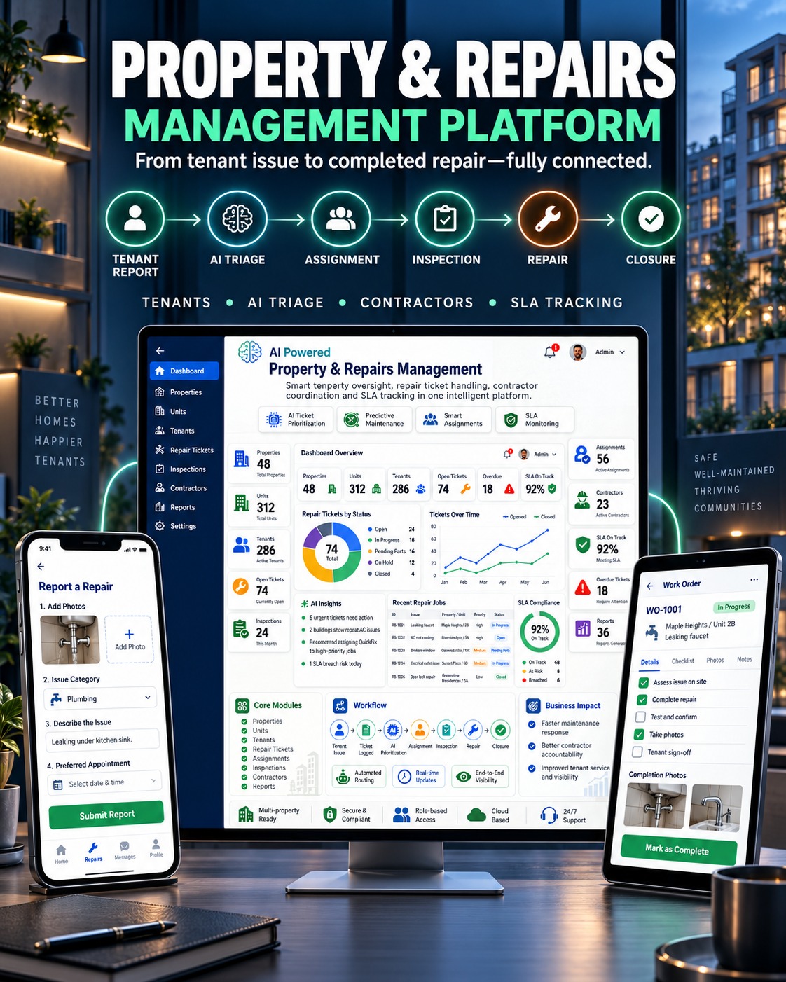 Property and Repairs Management platform shown across its operational workflow
