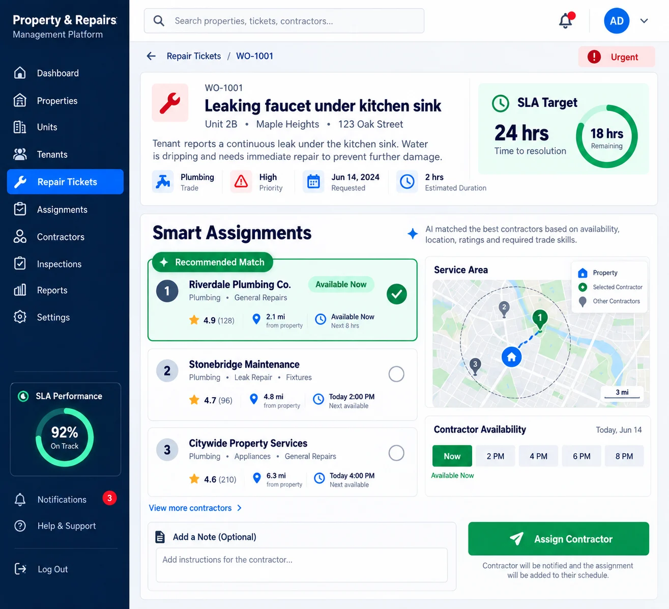Smart contractor assignment screen with availability, matching, and service-area details