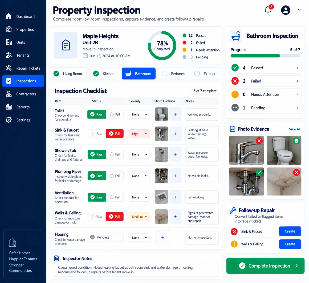 Property inspection checklist with photo evidence and follow-up repair actions