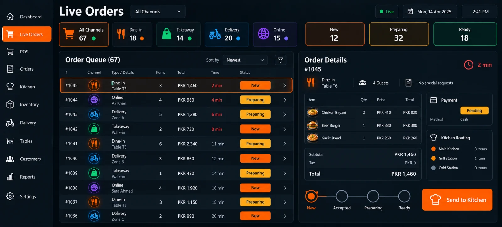 Live restaurant orders dashboard connecting dine-in, takeaway, delivery, and online channels