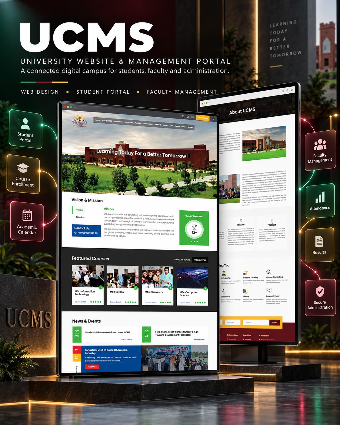 UCMS university website and management portal displayed across responsive web experiences