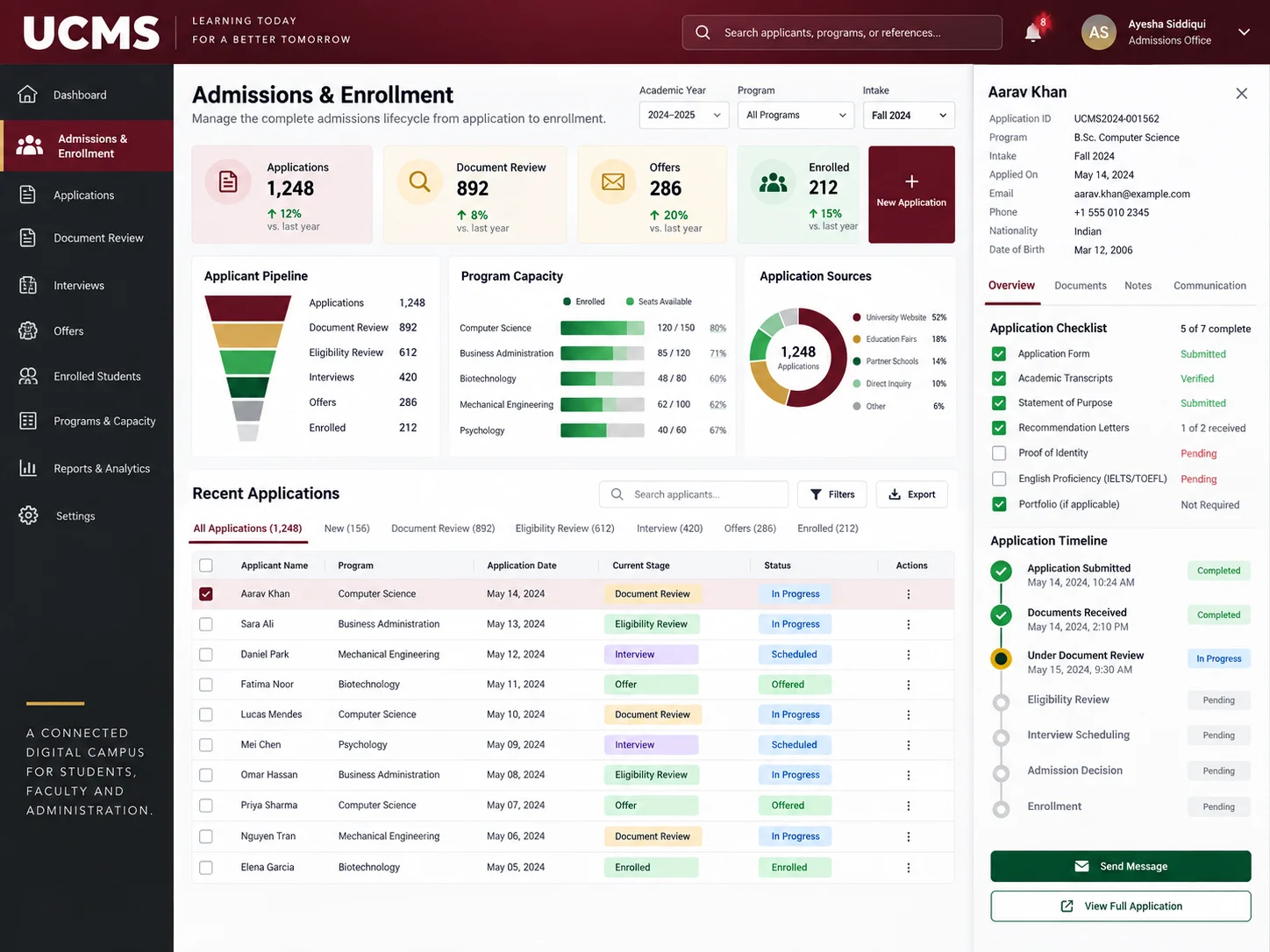 Admissions and enrollment workspace with applicant pipeline, program capacity, document review, offers, enrollment, and application timeline