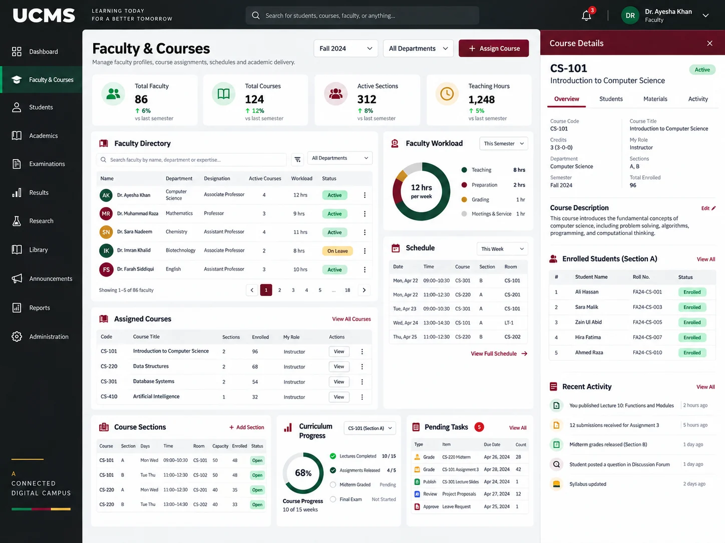 Faculty and course management workspace with directory, teaching workload, schedules, assigned courses, curriculum progress, and pending academic tasks